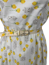 Load image into Gallery viewer, Original 1950&#39;s Yellow, Green and Brown Novelty Print Sleeveless Belted Day Dress with Roses, Birds and Birdcage Print - Bust 38

