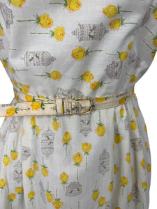 Original 1950's Yellow, Green and Brown Novelty Print Sleeveless Belted Day Dress with Roses, Birds and Birdcage Print - Bust 38