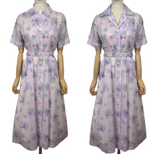 Load image into Gallery viewer, Original 1950&#39;s Purple Nylon Belted Day Dress with Pink and Green Bold Floral Print - Bust 36 38

