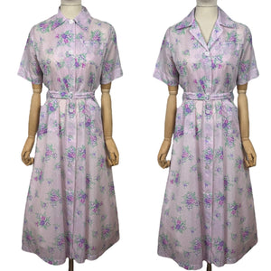 Original 1950's Purple Nylon Belted Day Dress with Pink and Green Bold Floral Print - Bust 36 38