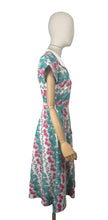 Load image into Gallery viewer, Original 1950's Vibrant Cotton Dress in White, Blue, Black and Pink Cherry Print - Bust 34 35 *
