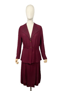 Stunning Original 1940's Burgundy Two Piece Crepe Suit with Soutache and Trapunto Quilting - Bust 40 42