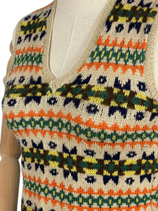 Beautiful Vintage Fair Isle Slipover in Blue, Brown, Green, Yellow and Orange on Beige - Bust 32 34