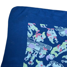 Load image into Gallery viewer, Original 1930’s 1940’s Blue, Pink and Green Pure Silk Scarf Featuring Snow White’s Seven Dwarfs Playing Instruments
