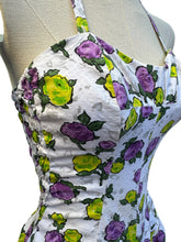 Load image into Gallery viewer, Original 1950’s Textured Cotton Swimsuit with Roses Print in Yellow and Purple - Bust 32 34
