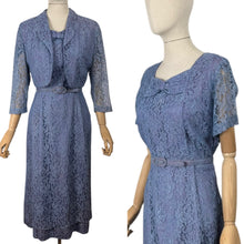 Load image into Gallery viewer, Original 1950's Lavender Blue Lace Dress, Bolero and Jacket Set by Mynette - Bust 38
