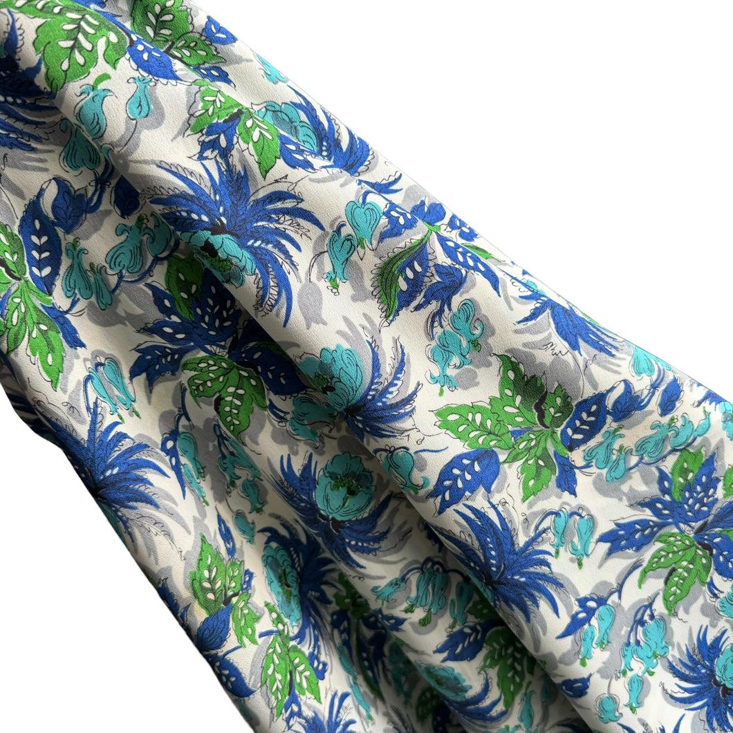 Original 1940's Ivory, Green and Blue Floral Crepe Dressmaking Fabric - 35