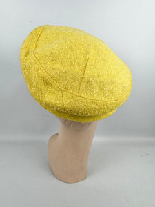 Original 1950's 1960's Bright Yellow Textured Fabric Hat with Button and Grosgrain Trim by Finley New York