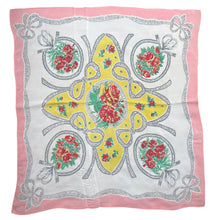 Load image into Gallery viewer, Charming Original 1940&#39;s or 1950&#39;s Silk Crepe Scarf in Pink, White, Red, Yellow and Green with Flowers and Bow Print - Great Headscarf
