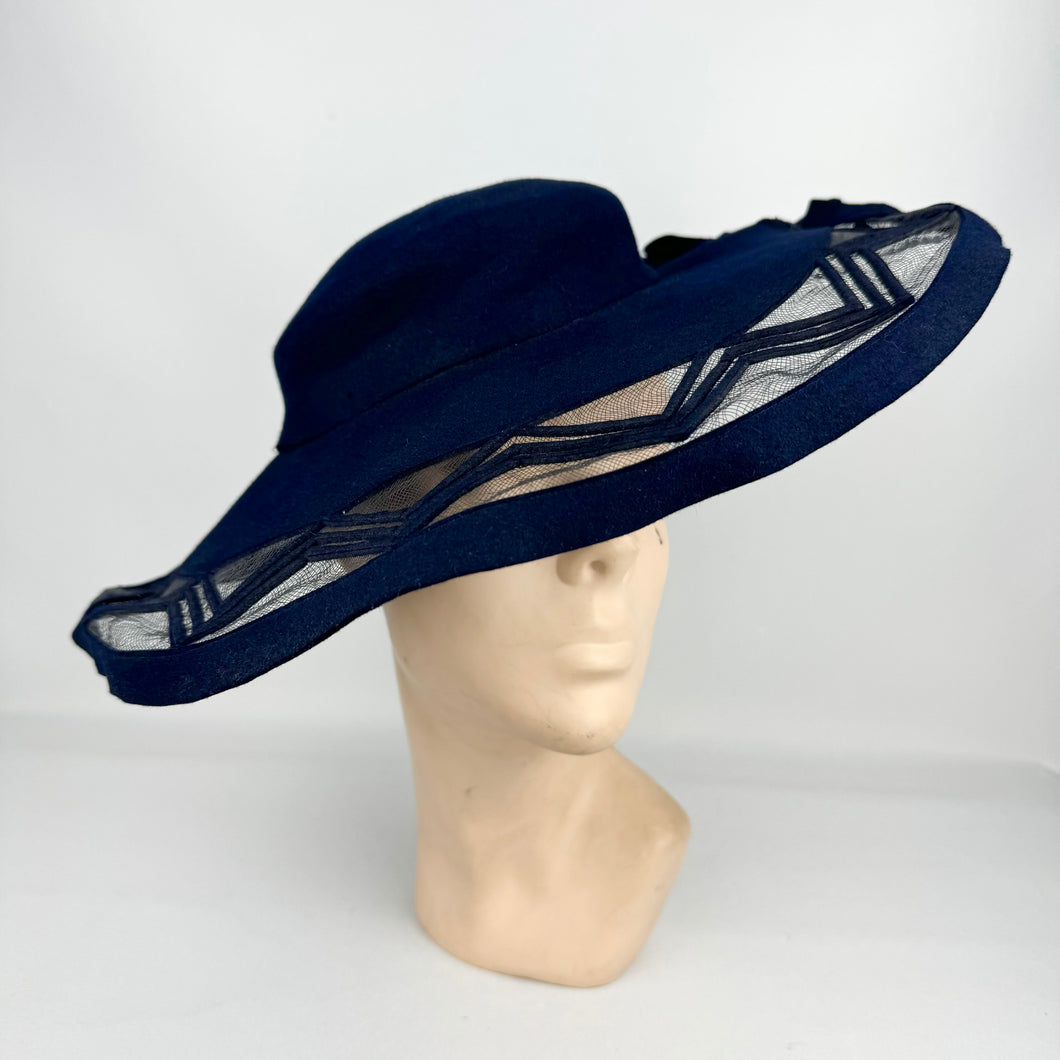 Beautiful Original 1930's French Navy Picture Hat with Net and Chevron Detail