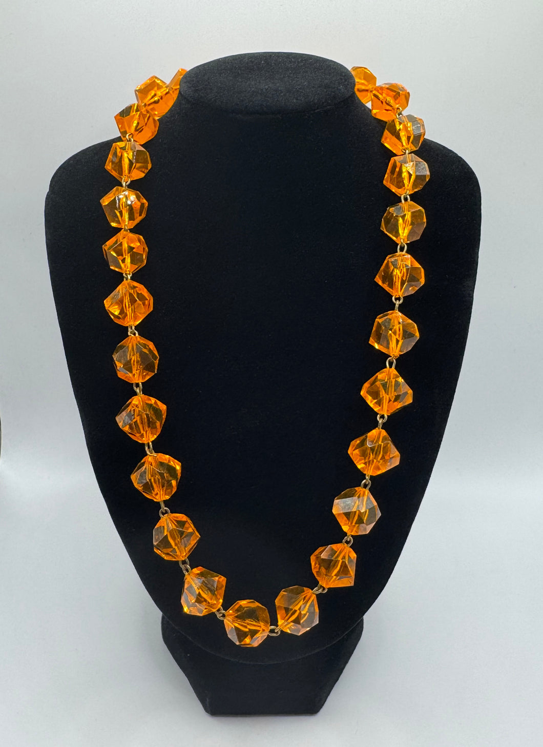 Original 1950's Mid Century Amber Coloured Plastic Faceted Bead Necklace with Barrel Clasp