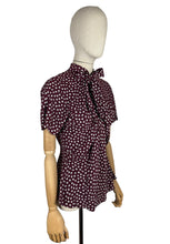 Load image into Gallery viewer, Original 1940's Pure Silk Novelty Print Swan Blouse in Burgundy and White with Bow Tie at Neck - Bust 34

