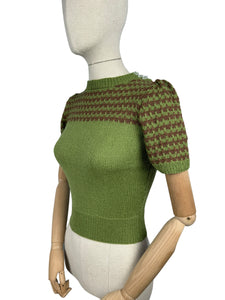 Reproduction 1940's Hand Knitted Stripe Jumper in Turtle Green and Brown Pure Wool - Bust 32 34