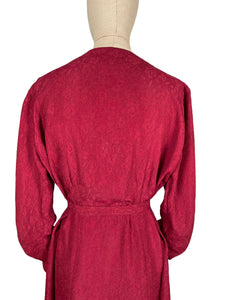 Original 1940's CC41 Burgundy Textured Crepe Belted Day Dress with Long Sleeves - Bust 38 40 *