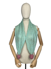 Load image into Gallery viewer, Original 1940&#39;s Hand Knitted Wool Scarf with Pretty Pom-pom Trim in Green &amp; Pink
