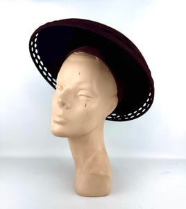 Original 1940's Dark Brown Felt Platter Hat with Openwork Brim and Bow Trim