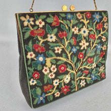 Load image into Gallery viewer, Original 1950&#39;s Black Needlepoint Bag with Red, Green, Blue and Cream Embroidery
