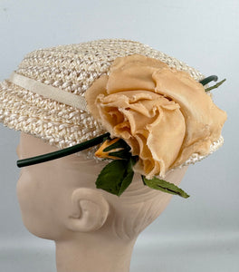 Original 1950's Cream Lacquered Raffia Hat with Pretty Apricot Rose Trim