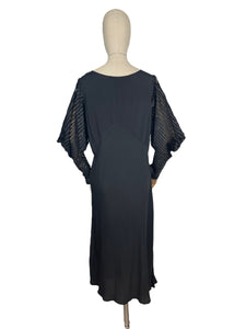 Original 1930's Black Bias Cut Dress with Cold Shoulder Ribbon Work Sleeves - Bust 34 36 38