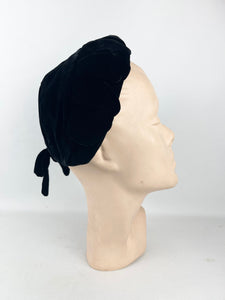 Original 1950's Black Velvet Close Fitting Hat with Bow and Petal Trim *