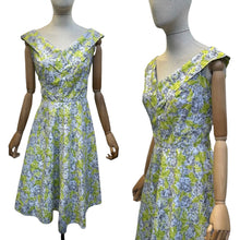 Load image into Gallery viewer, 1950's Style Cotton Day Dress in Chartreuse Green, Black and White Floral Print - Bust 37
