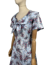 Load image into Gallery viewer, Original 1950&#39;s Floppy Blue Cotton Day Dress with Floral Sprays in Red, Yellow and White - Bust 38 40
