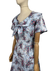 Original 1950's Floppy Blue Cotton Day Dress with Floral Sprays in Red, Yellow and White - Bust 38 40