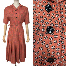 Load image into Gallery viewer, Original 1940&#39;s Belted Heavy Linen Day Dress in Orange, Black and White with Glass Button Detail - Bust 28
