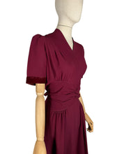 Load image into Gallery viewer, Original 1940's Burgundy Crepe and Velvet Belted Day Dress - Bust 36 38
