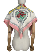 Load image into Gallery viewer, Charming Original 1940&#39;s or 1950&#39;s Silk Crepe Scarf in Pink, White, Red, Yellow and Green with Flowers and Bow Print - Great Headscarf
