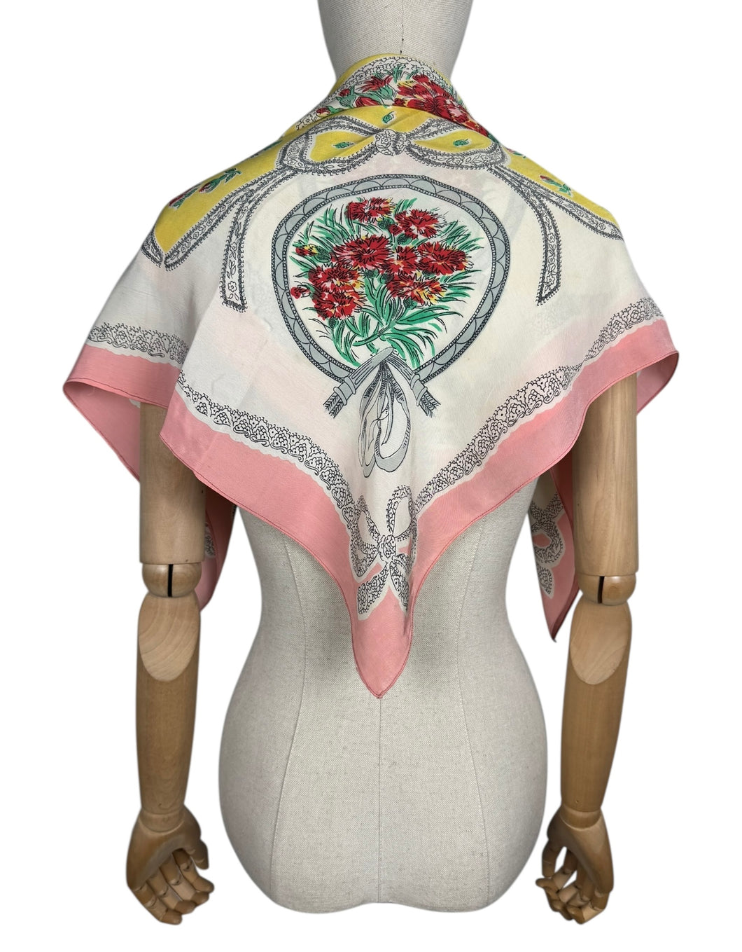 Charming Original 1940's or 1950's Silk Crepe Scarf in Pink, White, Red, Yellow and Green with Flowers and Bow Print - Great Headscarf