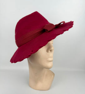 Original 1930's 1940's Red Wool Felt Fedora Hat with Twisted Felt Trim