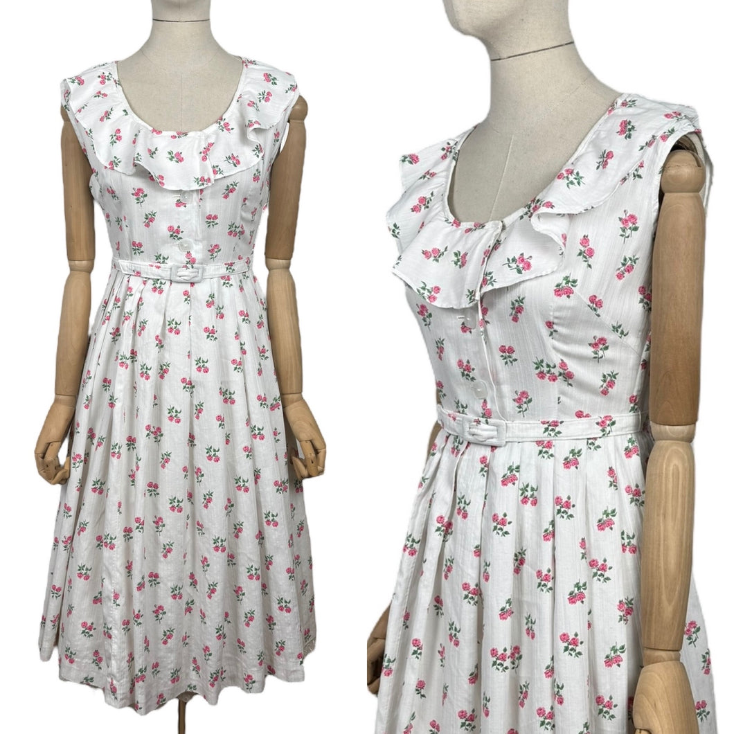 Original 1950's White, Pink and Green Textured Cotton Belted Day Dress with Roses Print and Frill Collar - Bust 34