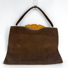 Load image into Gallery viewer, Original 1930's Warm Brown Suede Bag with Amber Coloured Carved Rose Clasp
