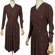 Load image into Gallery viewer, Original 1930’s Chocolate Brown Long Sleeved Crepe Day Dress with Button Back and Original Belt - Bust 34 36
