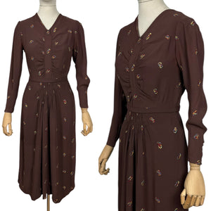 Original 1930’s Chocolate Brown Long Sleeved Crepe Day Dress with Button Back and Original Belt - Bust 34 36