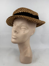 Load image into Gallery viewer, Wounded but Wearable Original 1940's 1950's Natural Straw Sunhat with Soft Black Velvet Ribbon Trim
