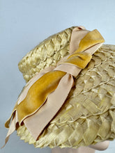 Load image into Gallery viewer, Original Late 1940's or Early 1950's Walter Florell Raffia Hat in Yellow with Velvet Ribbon Trim *

