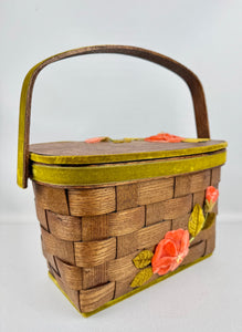 Beautiful Vintage Betsy B Wooden Basket Box Bag with Green Velvet Trim and Pink Flower Applique