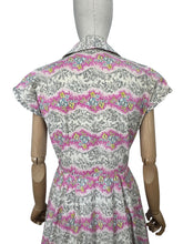 Load image into Gallery viewer, Original Late 1940&#39;s Ritchwear Floral Cotton Stripe Day Dress in White, Black, Pink, Yellow and Blue - Bust 37
