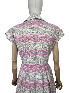 Original Late 1940's Ritchwear Floral Cotton Stripe Day Dress in White, Black, Pink, Yellow and Blue - Bust 37
