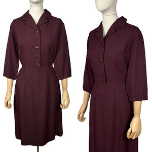 Original 1950's 1960's Petite Length Burgundy and Black Lightweight Wool Fine Check Dress - Bust 38