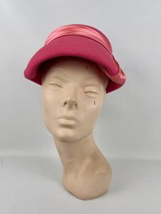 Original 1950's Fuchsia Pink Felt Hat with Pleated Satin Trim and Felt Bow