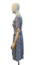 Load image into Gallery viewer, Original 1930's Floral Crepe Day Dress in Blue, Red and Green with Frill Trim - Bust 34

