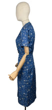 Load image into Gallery viewer, Original 1950's Blue Silk Wiggle Dress with Floral Print in White and Black - Bust 36 *
