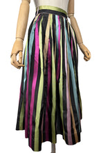 Load image into Gallery viewer, Original 1950&#39;s Black Taffeta Skirt with Stripes in Yellow, Blue, Pink and Green - Waist 24 25
