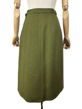 Load image into Gallery viewer, Original 1940's Olive Green Herringbone Wool Long Line Belted Jacket and Skirt Suit with Faux Fur Trim - Short Coat - Bust 36 38
