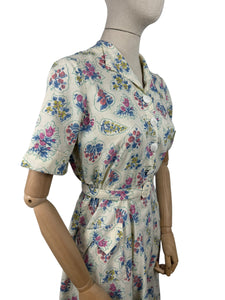 Original 1940's 1950's Cotton Belted Day Dress with Floral Print in Blue, Pink, Green and Yellow - Bust 38