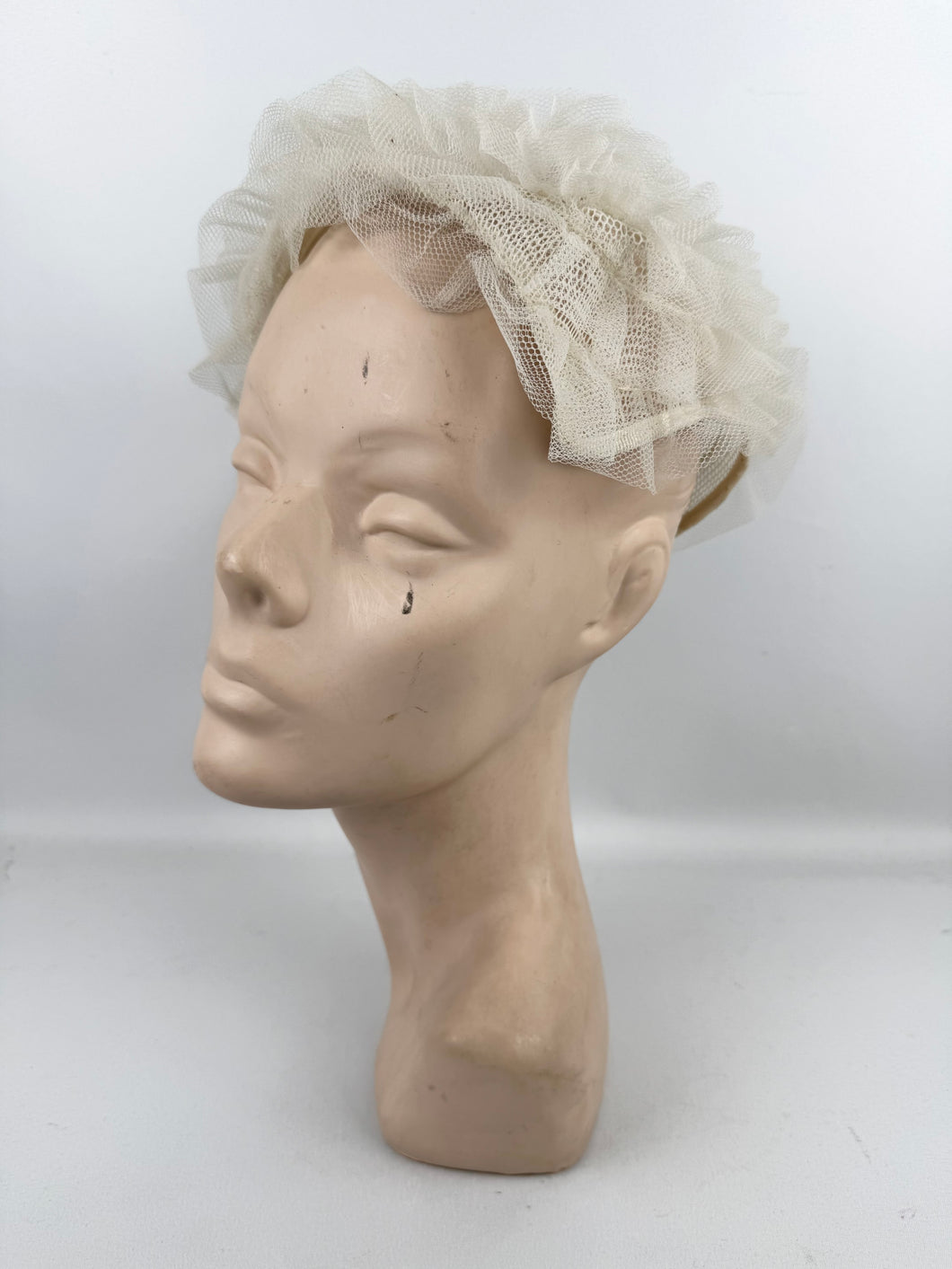Original 1950's Ivory Mesh Ruffle Hat - Sweet Little Net Hat
