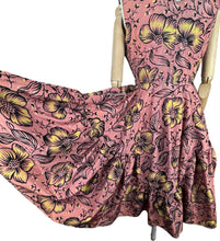 Load image into Gallery viewer, Original 1950&#39;s Salmon Pink Grosgrain Full Circle Day Dress with Bold Floral in Yellow, White and Black Flock - Bust 36
